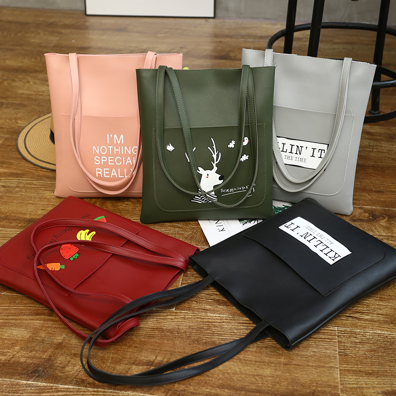 Colour Printing Leisure PU leather tote bag with zip & pocket